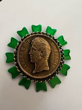 Vintage Charles X RIO De France Medal Green Ribbon Raised Head Pin Brooch